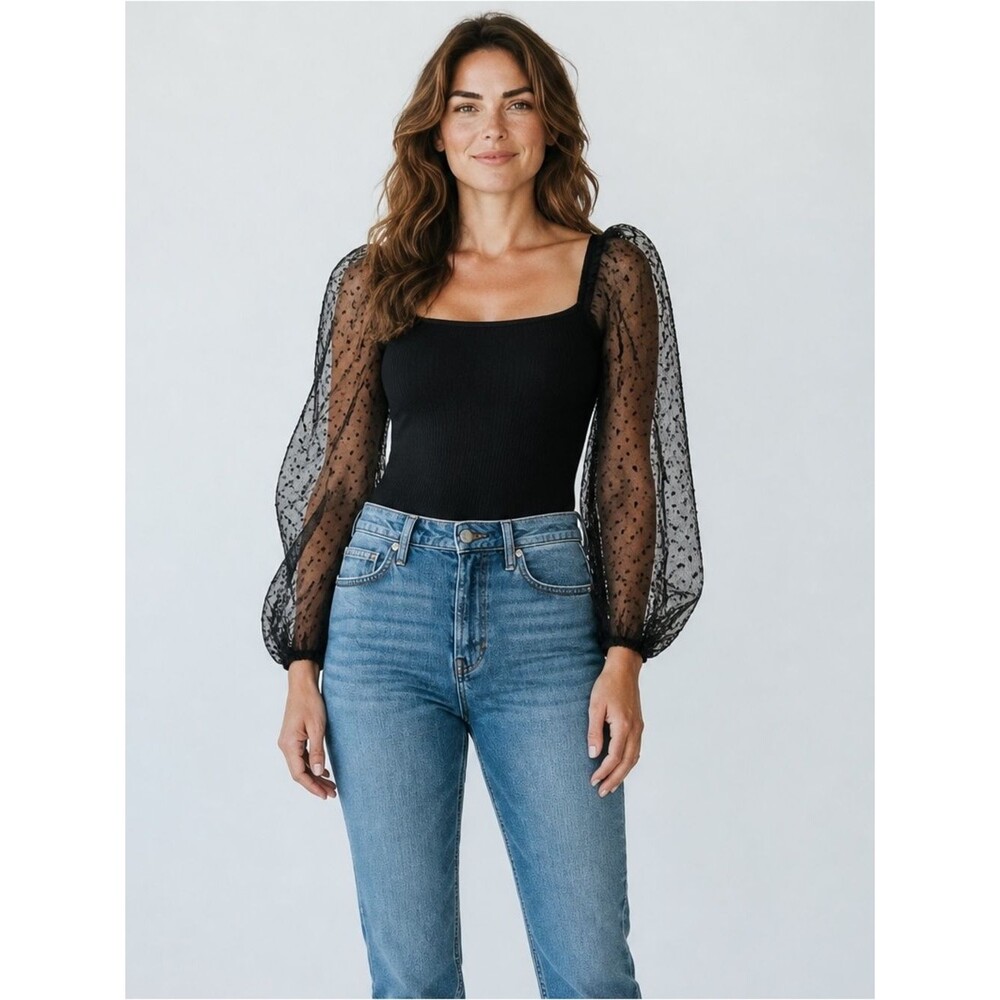 Altar’d State Black Bodysuit puffed sleeve polka dot size M